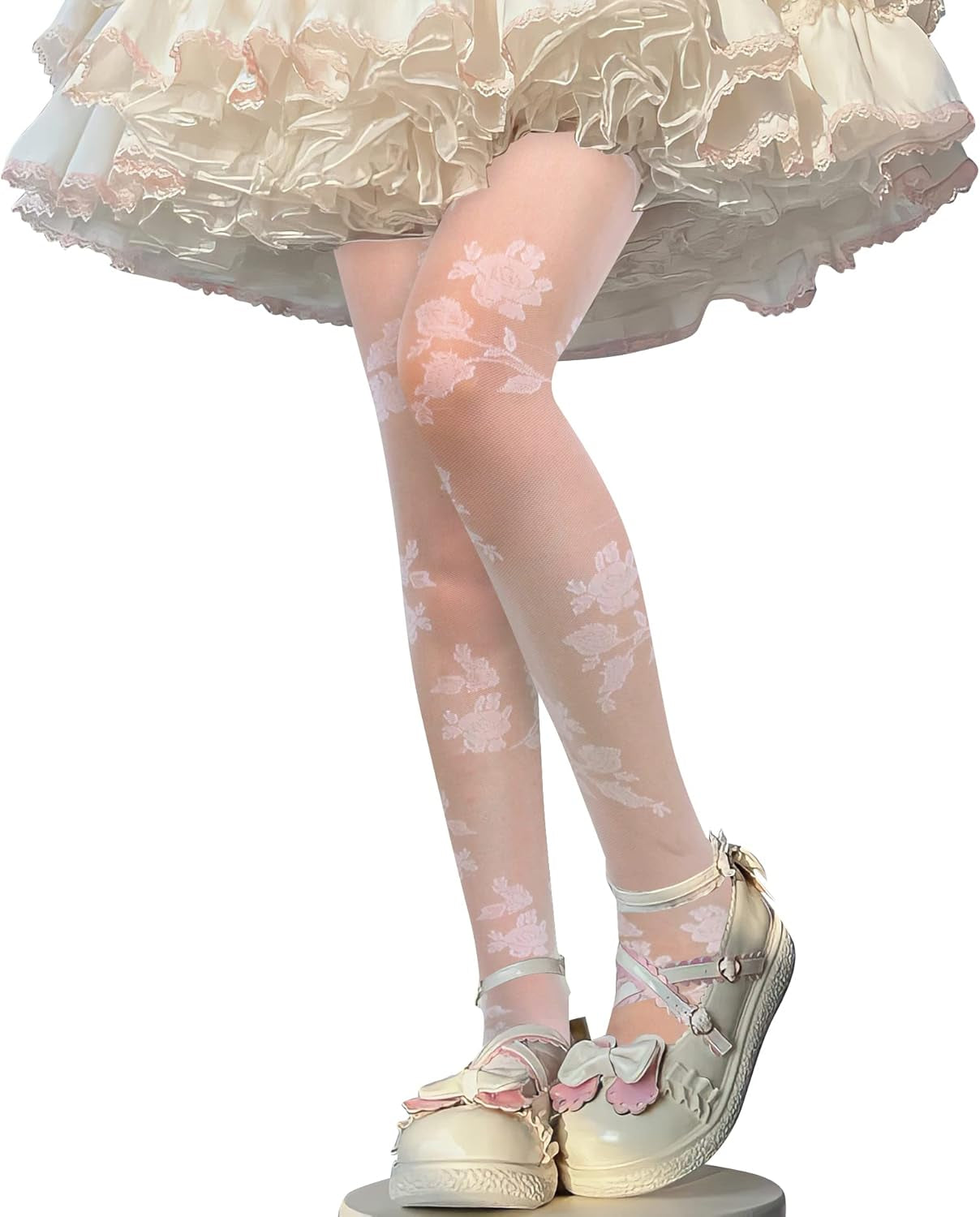 Pantyhose for Women and Teen Girls, Translucent High Waist, One Size (height 5'4"-5'8"; weight 160-173lbs), Color: White Rose