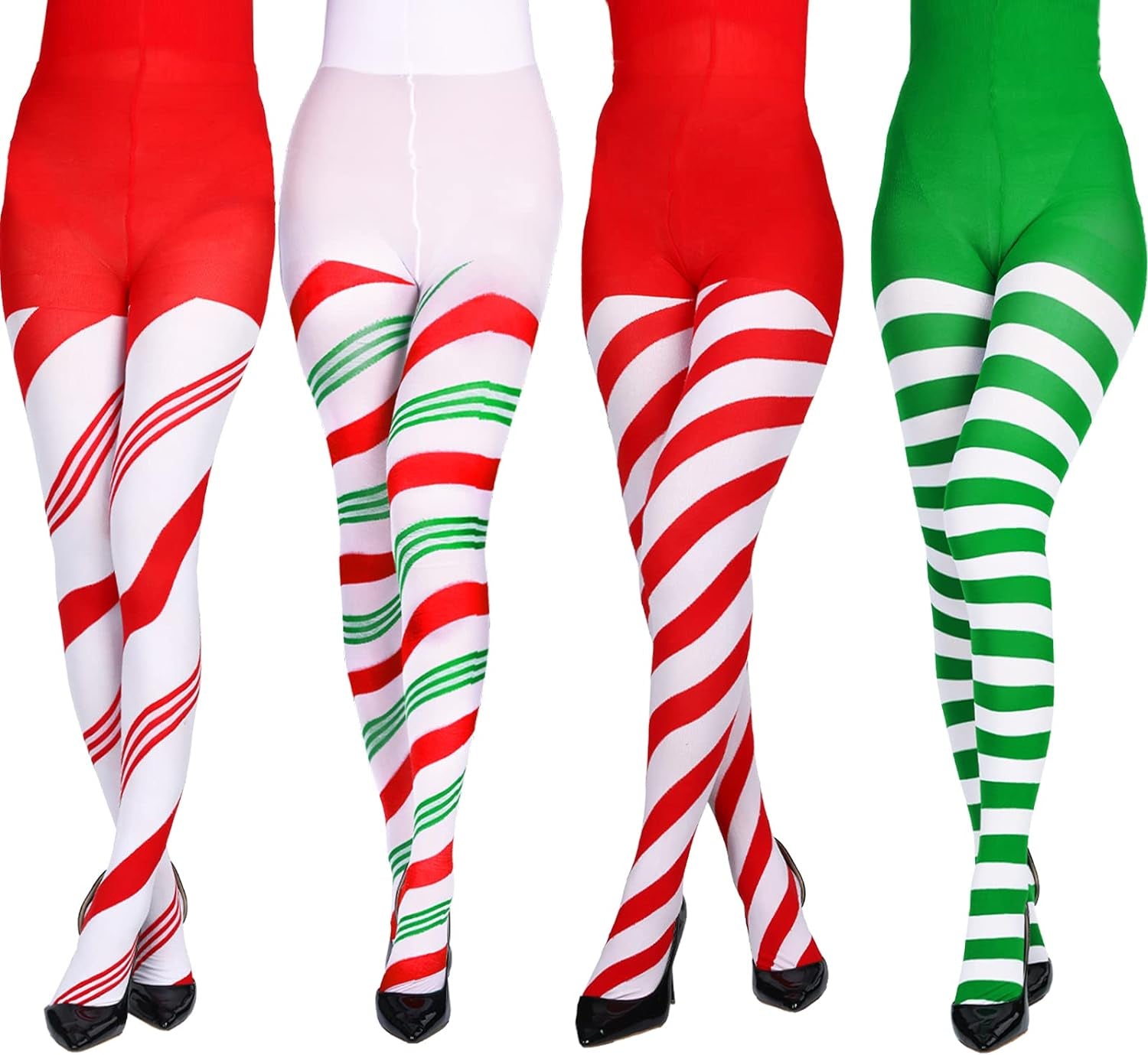 Striped spandex tights are a popular choice for women and young ladies to wear throughout the Christmas season. One Size: fits height: 61-68.9; weight: 88-160 lb. Stripes of holiday color. 