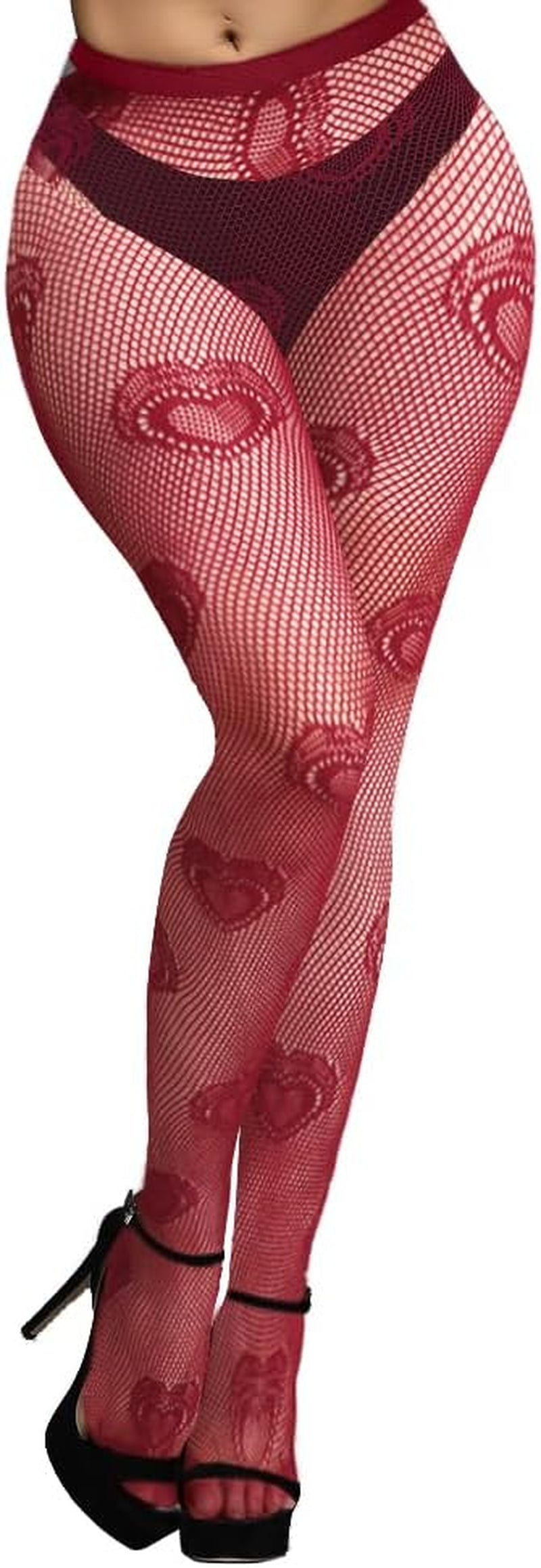 Women and Teen Girls Heart Patterned Fishnets High Waist Mesh Pantyhose. One Size (suitable for Height: 5'-5'10" and Weight: 100-160 lbs), Color: Wine.