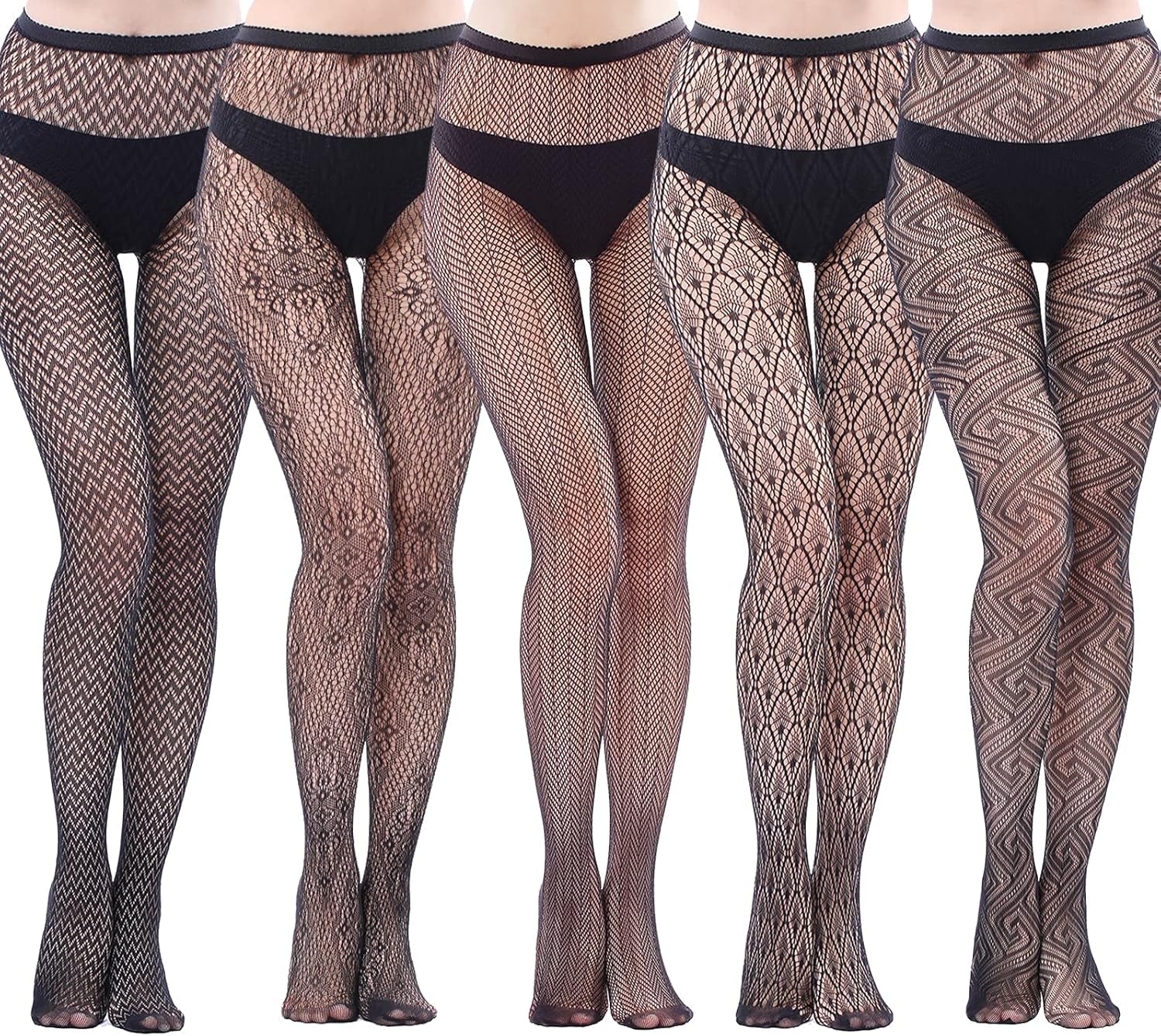 Women and Teen Girls Fishnet Lace Mesh Patterned Stockings. Color:  Black, (5 Pairs), Size: One Size