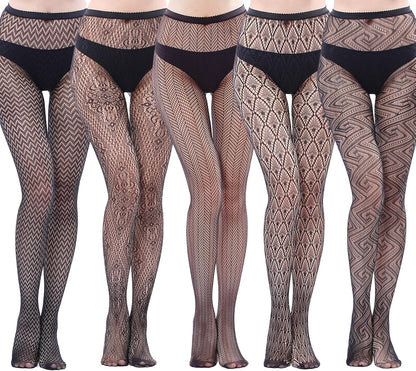 Women and Teen Girls Fishnet Lace Mesh Patterned Stockings. Color:  Black, (5 Pairs), Size: One Size