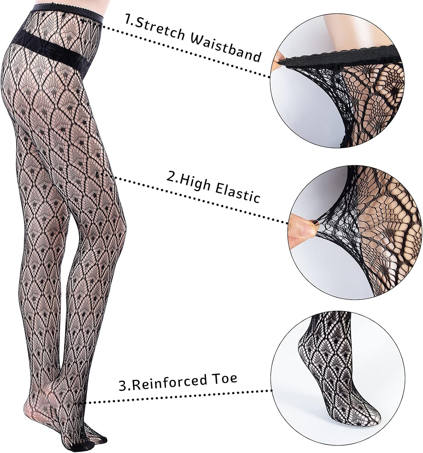 Women and Teen Girls Fishnet Lace Mesh Patterned Stockings. Color:  Black, (5 Pairs), Size: One Size