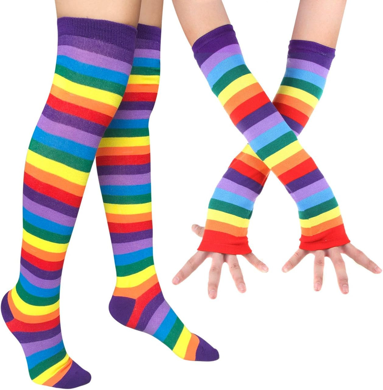 Pair of knee-high socks with rainbow stripes and matching arm warmers for teen girls' and women. Size: socks-64cm, arm warmer-36cm, Color: Dark Purple Stripes.