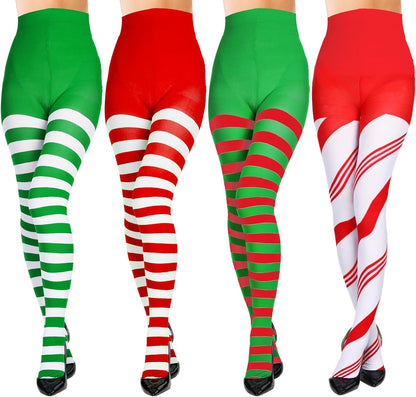 4PCS Striped spandex tights are a popular choice for women and young ladies to wear throughout the Christmas season. One Size:  fits height: 61-68.9; weight: 88-160 lb.  Stripes of holiday color.